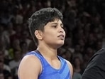 India's Antim Panghal in the round of 16 of the women's freestyle 53kg wrestling match at the Paris Olympics on Wednesday