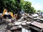 Ayodhya: A bulldozer being used to demolish the bakery of Moid Khan who is accused of allegedly raping a 12-year-old girl, in Ayodhya, Saturday, Aug. 3, 2024. Ayodhya: A bulldozer being used to demolish the bakery of Moid Khan who is accused of allegedly raping a 12-year-old girl, in Ayodhya, Saturday, Aug. 3, 2024.