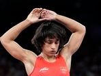 India's Vinesh Phogat during the women's freestyle 50kg quarterfinal wrestling match. India's Vinesh Phogat during the women's freestyle 50kg quarterfinal wrestling match.
