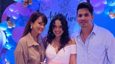 For the party, Yuvika Chaudhary wore an off-shoulder white dress with a pink bow and heels. Prince Narula opted for a striped shirt, white trousers and matching shoes. For the party, Yuvika Chaudhary wore an off-shoulder white dress with a pink bow and heels. Prince Narula opted for a striped shirt, white trousers and matching shoes.