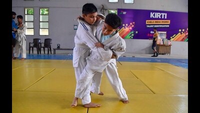 A view of 8-year old Harshita during the practice in stadium on Thursday in Ludhiana, Harshita won a bronze at the National Kurash Championship at Saharanpur. (Manish/Hindustan Times) A view of 8-year old Harshita during the practice in stadium on Thursday in Ludhiana, Harshita won a bronze at the National Kurash Championship at Saharanpur. (Manish/Hindustan Times)