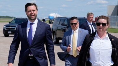 Republican vice presidential nominee Sen. JD Vance, R-Ohio, right, walks back from looking at Air Force Two, Vice President Kamala Harris' plane, at Chippewa Valley Regional Airport, Wednesday, Aug. 7, 2024, in Eau Claire, Wis. (AP Photo/Alex Brandon) (AP) Republican vice presidential nominee Sen. JD Vance, R-Ohio, right, walks back from looking at Air Force Two, Vice President Kamala Harris' plane, at Chippewa Valley Regional Airport, Wednesday, Aug. 7, 2024, in Eau Claire, Wis. (AP Photo/Alex Brandon) (AP)