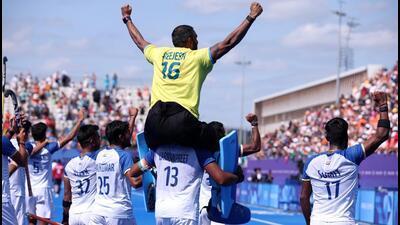 Goalkeeper PR Sreejesh celebrates after India won the men's bronze medal match against Spain Paris on Thursday. (PTI) Goalkeeper PR Sreejesh celebrates after India won the men's bronze medal match against Spain Paris on Thursday. (PTI)