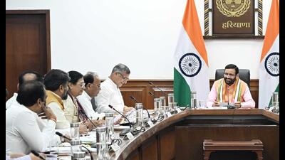 Haryana chief minister Nayab Saini chairs a cabinet meeting in Chandigarh on Thursday. Haryana chief minister Nayab Saini chairs a cabinet meeting in Chandigarh on Thursday.