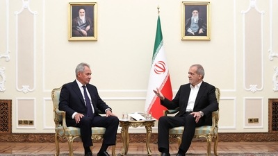 A handout picture provided by the Iranian presidential office shows Iranian President Masoud Pezeshkian (R) meeting with Russia's Security Council Secretary Sergei Shoigu, in Tehran, on August 5, 2024. (AFP) A handout picture provided by the Iranian presidential office shows Iranian President Masoud Pezeshkian (R) meeting with Russia's Security Council Secretary Sergei Shoigu, in Tehran, on August 5, 2024. (AFP)