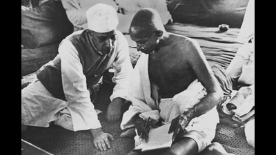 India: Mahatma Gandhi and Pandit Jawaharlal Nehru during the All India Conference Committee Session, 1942, when the "Quit India" Resolution was adopted. (Bettmann Archive)