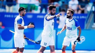 India captain Harmanpreet Singh celebrates a goal during their 2-1 win over Spain in the Olympics hockey bronze medal playoff in Paris on Thursday. (Hockey India-X)