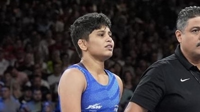 India's Antim Panghal in the round of 16 of the women's freestyle 53kg wrestling match at the Paris Olympics on Wednesday (HT_PRINT) India's Antim Panghal in the round of 16 of the women's freestyle 53kg wrestling match at the Paris Olympics on Wednesday (HT_PRINT)
