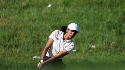India's Diksha Dagar competes in Round 2 of women’s golf individual stroke play of the Paris 2024 Olympic Games at Le Golf National on Thursday. (AFP) India's Diksha Dagar competes in Round 2 of women’s golf individual stroke play of the Paris 2024 Olympic Games at Le Golf National on Thursday. (AFP)