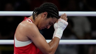 Algeria's Imane Khelif, celebrates after defeating Hungary's Anna Hamori in their women's 66kg quarterfinal boxing match at the 2024 Summer Olympics, Saturday, Aug. 3, 2024, in Paris, France. (AP Photo/John Locher) (AP) Algeria's Imane Khelif, celebrates after defeating Hungary's Anna Hamori in their women's 66kg quarterfinal boxing match at the 2024 Summer Olympics, Saturday, Aug. 3, 2024, in Paris, France. (AP Photo/John Locher) (AP)