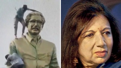 The image shows protesters vandalising Sheikh Mujibur Rahman's statue in Bangladesh. Kiran Mazumdar-Shaw reacted to it. (Screengrab) The image shows protesters vandalising Sheikh Mujibur Rahman's statue in Bangladesh. Kiran Mazumdar-Shaw reacted to it. (Screengrab)