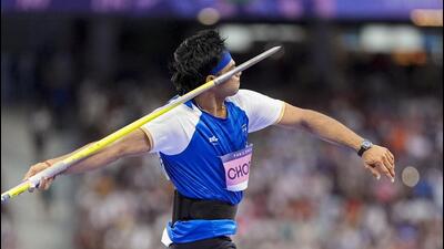 Neeraj Chopra during the men's javelin throw final in Paris. (PTI) Neeraj Chopra during the men's javelin throw final in Paris. (PTI)