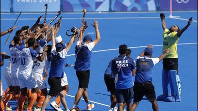 PR Sreejesh celebrates with teammates after winning the match. (REUTERS) PR Sreejesh celebrates with teammates after winning the match. (REUTERS)