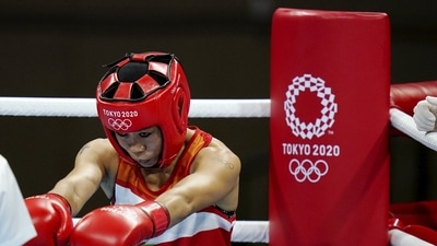 Indian boxer Mary Kom in action at the 2020 Summer Olympics. (PTI) Indian boxer Mary Kom in action at the 2020 Summer Olympics. (PTI)