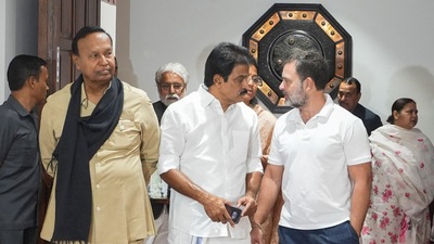 LoP in Lok Sabha Rahul Gandhi, party leader KC Venugopal and DMK MP TR Baalu. (PTI file photo) LoP in Lok Sabha Rahul Gandhi, party leader KC Venugopal and DMK MP TR Baalu. (PTI file photo)