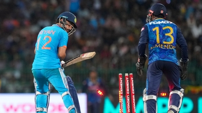 India's Riyan Parag looks on as he is clean bowled on his ODI debut. (PTI)