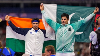 Silver medallist Neeraj Chopra and gold medallist Arshad Nadeem celebrate after the men's javelin throw final at the 2024 Summer Olympics (PTI) Silver medallist Neeraj Chopra and gold medallist Arshad Nadeem celebrate after the men's javelin throw final at the 2024 Summer Olympics (PTI)