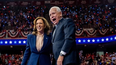 Democratic presidential candidate, U.S. Vice President Kamala Harris and Democratic vice presidential nominee Minnesota Gov. Tim Walz walk out on stage together during a campaign event on August 6, 2024 in Philadelphia, Pennsylvania. (Photo by Andrew Harnik / GETTY IMAGES NORTH AMERICA / Getty Images via AFP) (Getty Images via AFP) Democratic presidential candidate, U.S. Vice President Kamala Harris and Democratic vice presidential nominee Minnesota Gov. Tim Walz walk out on stage together during a campaign event on August 6, 2024 in Philadelphia, Pennsylvania. (Photo by Andrew Harnik / GETTY IMAGES NORTH AMERICA / Getty Images via AFP) (Getty Images via AFP)