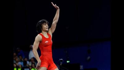 Vinesh Phogat of India after winning the match against Yusneylis Guzman Lopez of Cuba in the Women’s Freestyle 50kg semifinal at Champ-de-Mars Arena during the Paris Olympics on August 6. (Reuters)