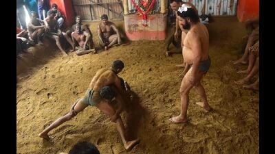 Wrestlers practising traditional Indian wrestling (HT Photo) Wrestlers practising traditional Indian wrestling (HT Photo)