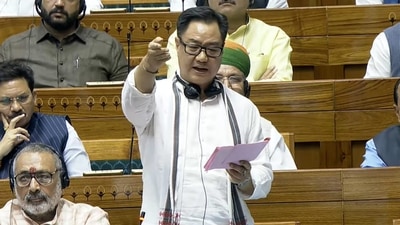 Union Minister Kiren Rijiju speaks in the Lok Sabha during the Monsoon session of Parliament, in New Delhi, Thursday, Aug. 8, 2024. (PTI) Union Minister Kiren Rijiju speaks in the Lok Sabha during the Monsoon session of Parliament, in New Delhi, Thursday, Aug. 8, 2024. (PTI)