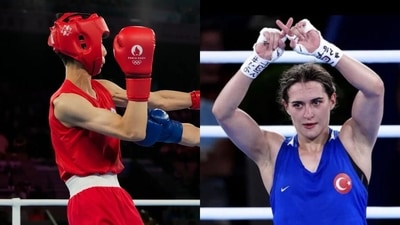 Esra Yildiz makes an “X” gesture with her fingers after losing to Taiwan’s Lin Yu-ting Esra Yildiz makes an “X” gesture with her fingers after losing to Taiwan’s Lin Yu-ting