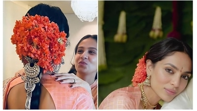 Sobhita Dhulipala's jewellery for her engagement was styled by Manish Malhotra. She also wore her hair in a braid with flowers and a custom made Jada (the braid jewellery) teamed with pink saree. Sobhita Dhulipala's jewellery for her engagement was styled by Manish Malhotra. She also wore her hair in a braid with flowers and a custom made Jada (the braid jewellery) teamed with pink saree. 