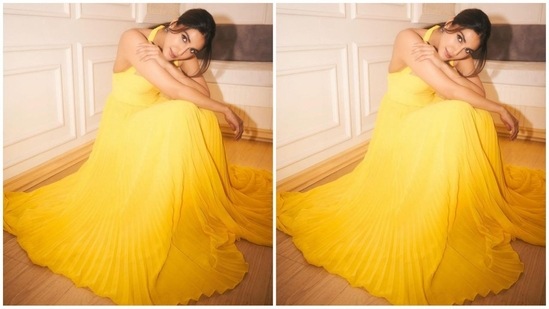 Vaani's dress, in a trendy butter yellow shade, features a sweetheart halter neckline, backless detailing, and a beautiful flare at the bottom, exuding oomph and elegance.(Instagram)