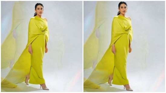 Her gown is a stunning chartreuse color, featuring an asymmetric one-shoulder neckline, an intricate front drape, a column skirt, and a long cape in tendershoots heavy crepe and satin back crepe.(Instagram)