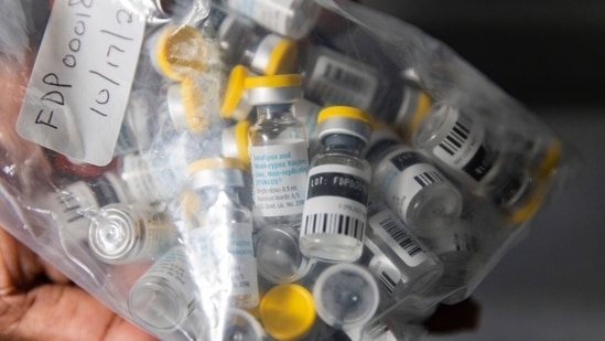 Vials of single doses of the Jynneos vaccine for monkeypox are seen from a cooler at a vaccinations site (AP Photo/Jeenah Moon, File)(AP)