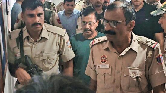 Delhi CM and AAP leader Arvind Kejriwal being produced before the Rouse Avenue Court in New Delhi. (PTI Photo)