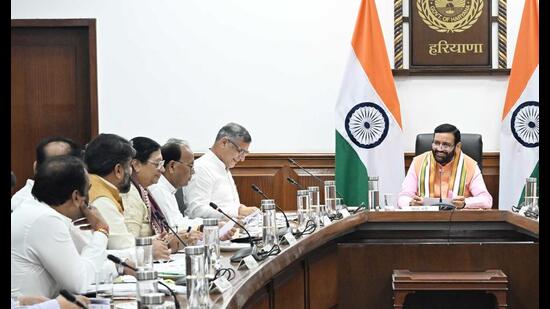 Haryana chief minister Nayab Saini chairs a cabinet meeting in Chandigarh on Thursday. Haryana chief minister Nayab Saini chairs a cabinet meeting in Chandigarh on Thursday.
