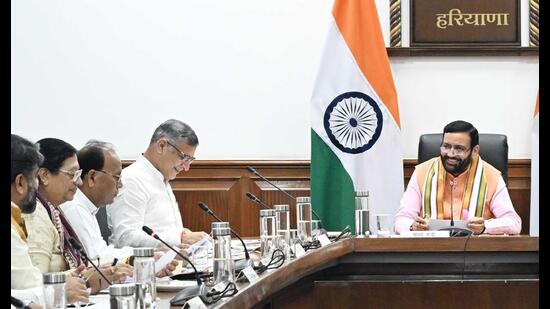 Haryana chief minister Nayab Saini chairs a cabinet meeting in Chandigarh on Thursday. (HT photo) Haryana chief minister Nayab Saini chairs a cabinet meeting in Chandigarh on Thursday. (HT photo)