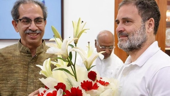 New Delhi, India - Aug. 7, 2024: LoP in Lok Sabha and Congress leader Rahul Gandhi being greeted by Shiv Sena (UBT) chief Uddhav Thackeray during a meeting, in New Delhi, India, on Wednesday, August 7, 2024. ( HT Photo / Hindustan Times) (Hindustan Times)