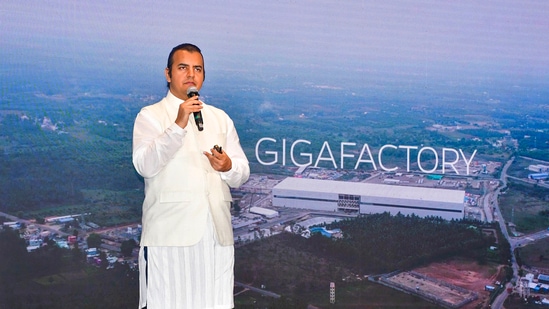 Ola Electric CMD Bhavish Aggarwal addresses the media.(PTI) Ola Electric CMD Bhavish Aggarwal addresses the media.(PTI)