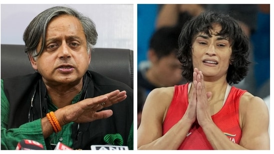 Congress leader Shashi Tharoor and wrestler Vinesh Phogat.(PTI)