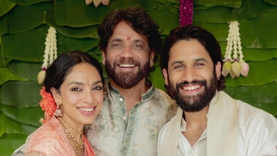 Sobhita Dhulipala (L), Nagarjuna (Centre), Naga Chaitanya (R)