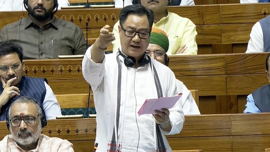 Union Minister Kiren Rijiju speaks in the Lok Sabha during the Monsoon session of Parliament, in New Delhi, Thursday, Aug. 8, 2024.(PTI)