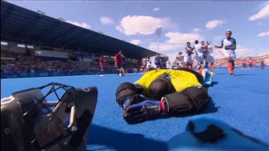 PR Sreejesh bows down to his hockey gear after India's bronze medal win(X)