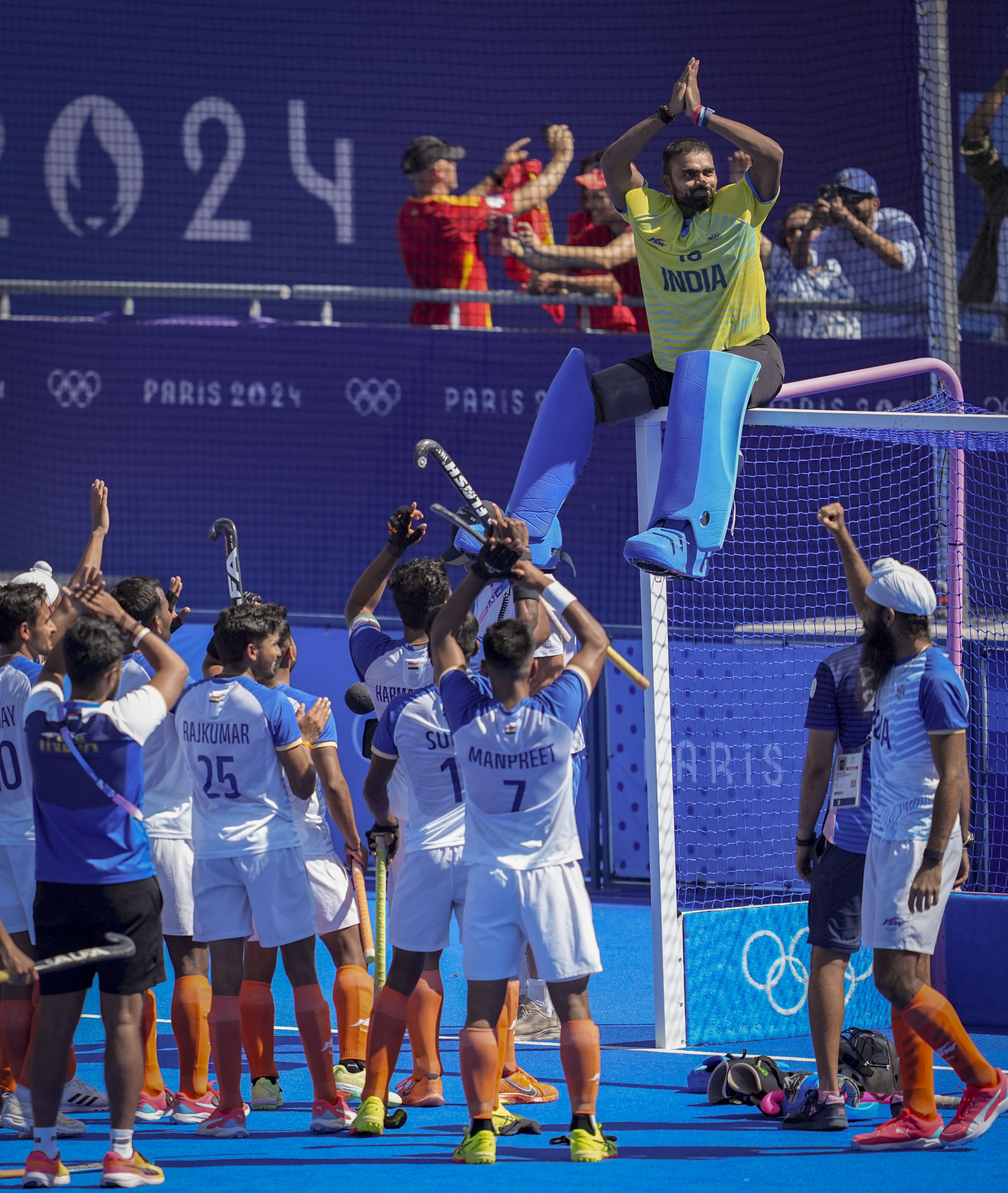 PR Sreejesh celebrates with teammates after India won the men's hockey bronze medal match against Spain (PTI) PR Sreejesh celebrates with teammates after India won the men's hockey bronze medal match against Spain (PTI)