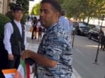 Akash Ambani and Nita Ambani enter a Paris five-star hotel. Akash Ambani and Nita Ambani enter a Paris five-star hotel.