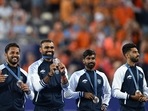 India's players pose on the podium with their bronze medals after the men's final field hockey match between Germany and the Netherlands during the Paris 2024 Olympic Games at the Yves-du-Manoir Stadium India's players pose on the podium with their bronze medals after the men's final field hockey match between Germany and the Netherlands during the Paris 2024 Olympic Games at the Yves-du-Manoir Stadium
