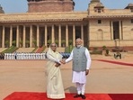 Prime Minister Narendra Modi shaking hands with former Bangladesh Prime Minister Sheikh Hasina after receiving her at the Rashtrapati Bhavan in New Delhi on June 22, 2024. (Photo by PIB / AFP) Prime Minister Narendra Modi shaking hands with former Bangladesh Prime Minister Sheikh Hasina after receiving her at the Rashtrapati Bhavan in New Delhi on June 22, 2024. (Photo by PIB / AFP)
