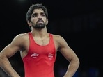 India's Aman Sehrawat during his men's freestyle 57kg wrestling quarterfinal win over Albania's Zelimkhan Abakarov at the Paris Olympics on Thursday