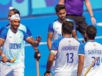 India's captain Harmanpreet Singh (13) celebrates with teammates after scoring a goal during the men's hockey bronze medal match between India and Spain at the 2024 Paris Olympics