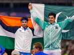 Silver medallist India's Neeraj Chopra and gold medallist Pakistan's Arshad Nadeem celebrate after the men's javelin throw final at the 2024 Summer Olympics, in Paris(PTI) Silver medallist India's Neeraj Chopra and gold medallist Pakistan's Arshad Nadeem celebrate after the men's javelin throw final at the 2024 Summer Olympics, in Paris(PTI)