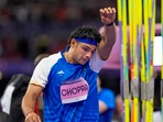 India's Neeraj Chopra during the men's javelin throw final at the 2024 Summer Olympics, in Paris, France, Thursday. (PTI) India's Neeraj Chopra during the men's javelin throw final at the 2024 Summer Olympics, in Paris, France, Thursday. (PTI)