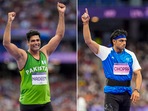 In this combo photo, (L-R) Pakistan's Arshad Nadeem and India's Neeraj Chopra celebrate after their respective second attempts during the men's javelin throw final(PTI) In this combo photo, (L-R) Pakistan's Arshad Nadeem and India's Neeraj Chopra celebrate after their respective second attempts during the men's javelin throw final(PTI)