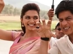 Shah Rukh Khan and Deepika Padukone on Chennai Express sets (L); actor in Singham Returns poster. Shah Rukh Khan and Deepika Padukone on Chennai Express sets (L); actor in Singham Returns poster.