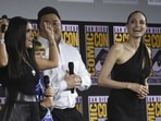 Salma Hayek, from left, Lia McHugh, Don Lee and Angelina Jolie participate in the Marvel Studios panel on day three of Comic-Con International on Saturday, July 20, 2019, in San Diego. 